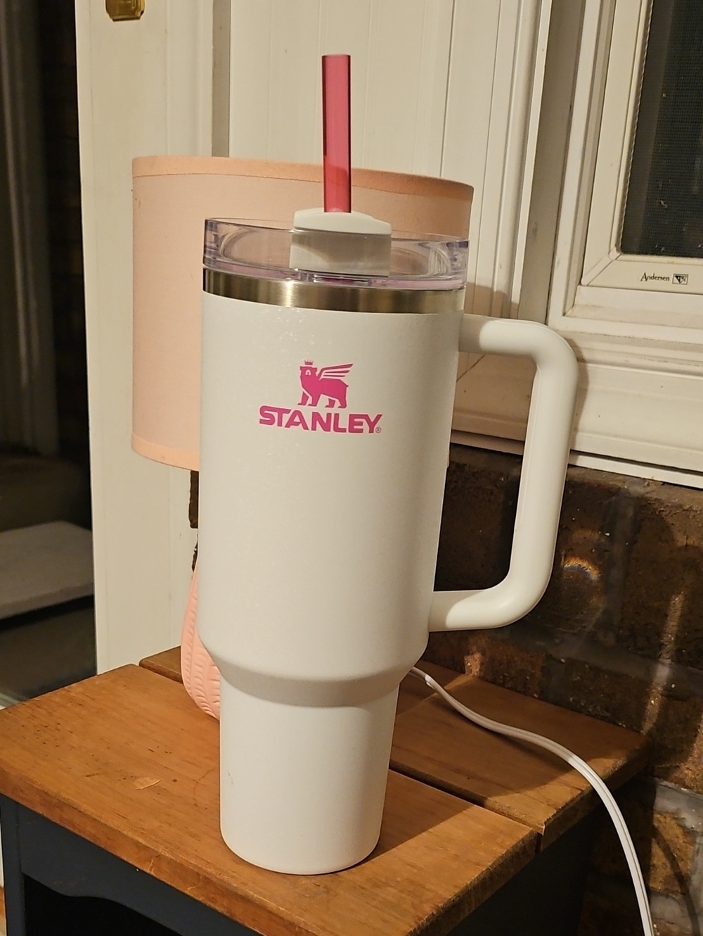 Stanley White 40 OZ Tumbler with Pink Logo and Straw